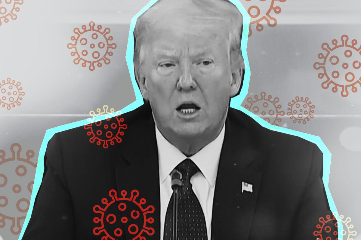 President Donald Trump surrounded by images of the coronavirus 