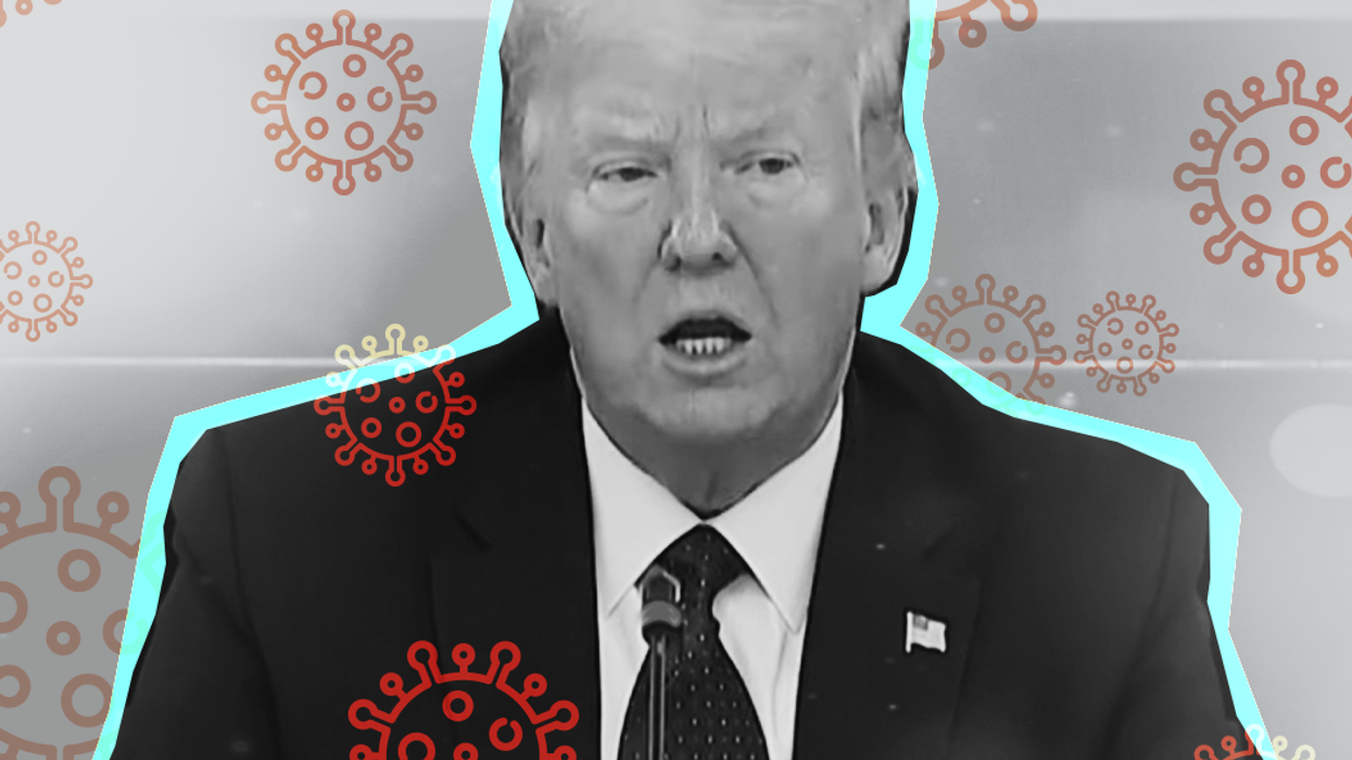 President Donald Trump surrounded by images of the coronavirus