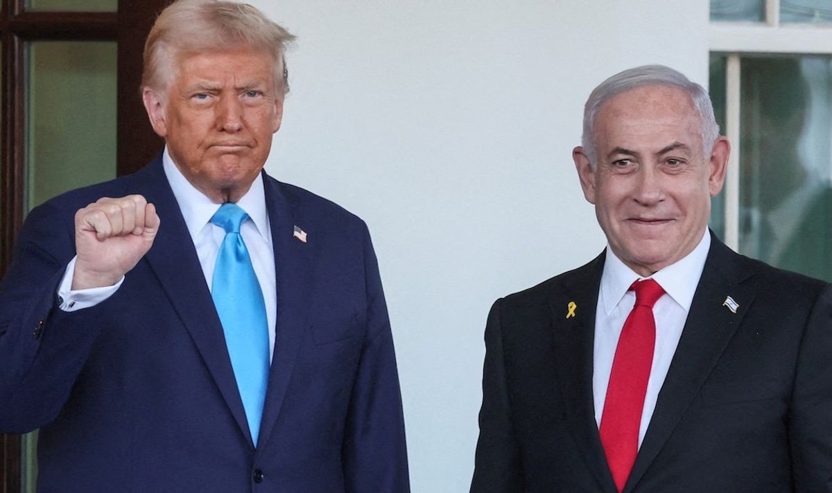 President Donald Trump welcomes Israeli Prime Minister Benjamin Netanyahu at the entrance of the White House in Washington, on Feb. 4, 2025. 