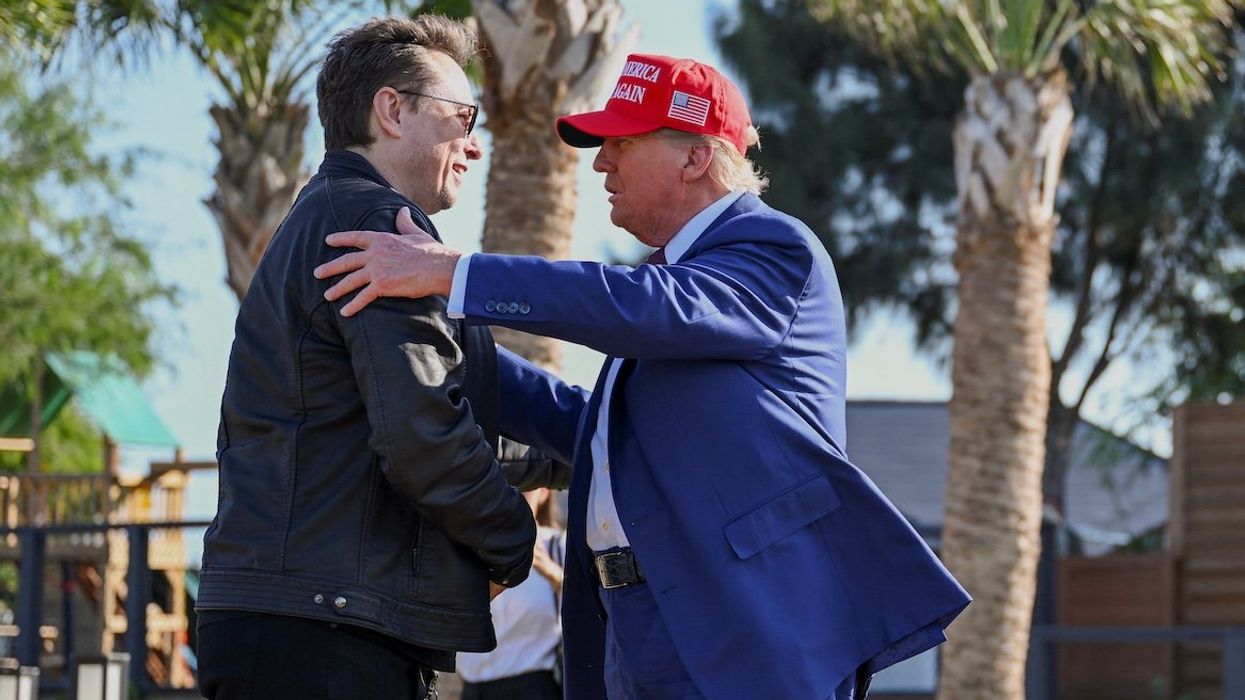 President-elect Donald Trump greets Elon Musk before attending a viewing of the launch of the sixth test flight of the SpaceX Starship rocket, in Brownsville, Texas, U.S., on Nov. 19, 2024.