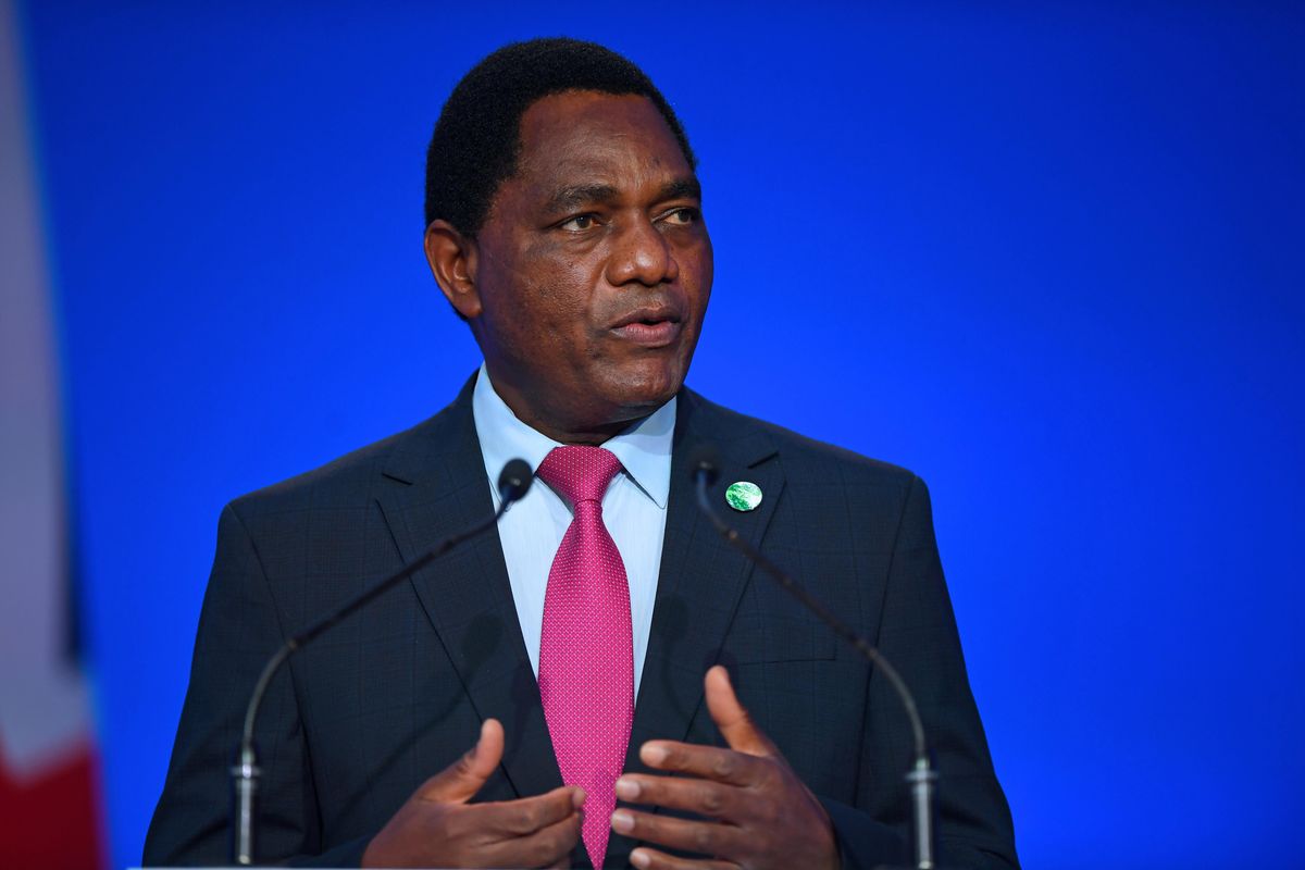  President Hakainde Hichilema presents his national statement as a part of the World Leaders' Summit at the UN Climate Change Conference (COP26) in Glasgow, Scotland, Britain November 1, 2021