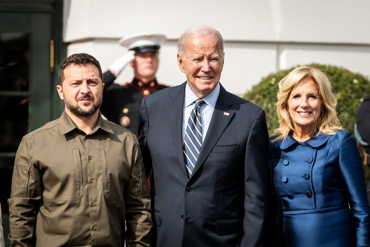 President Joe Biden and First Lady Dr. Jill Biden greet President Volodymyr Zelensky of Ukraine at the South Portico of the White House. Zelensky is meeting with Biden following his participation in the United Nations high-level meetings earlier this week.