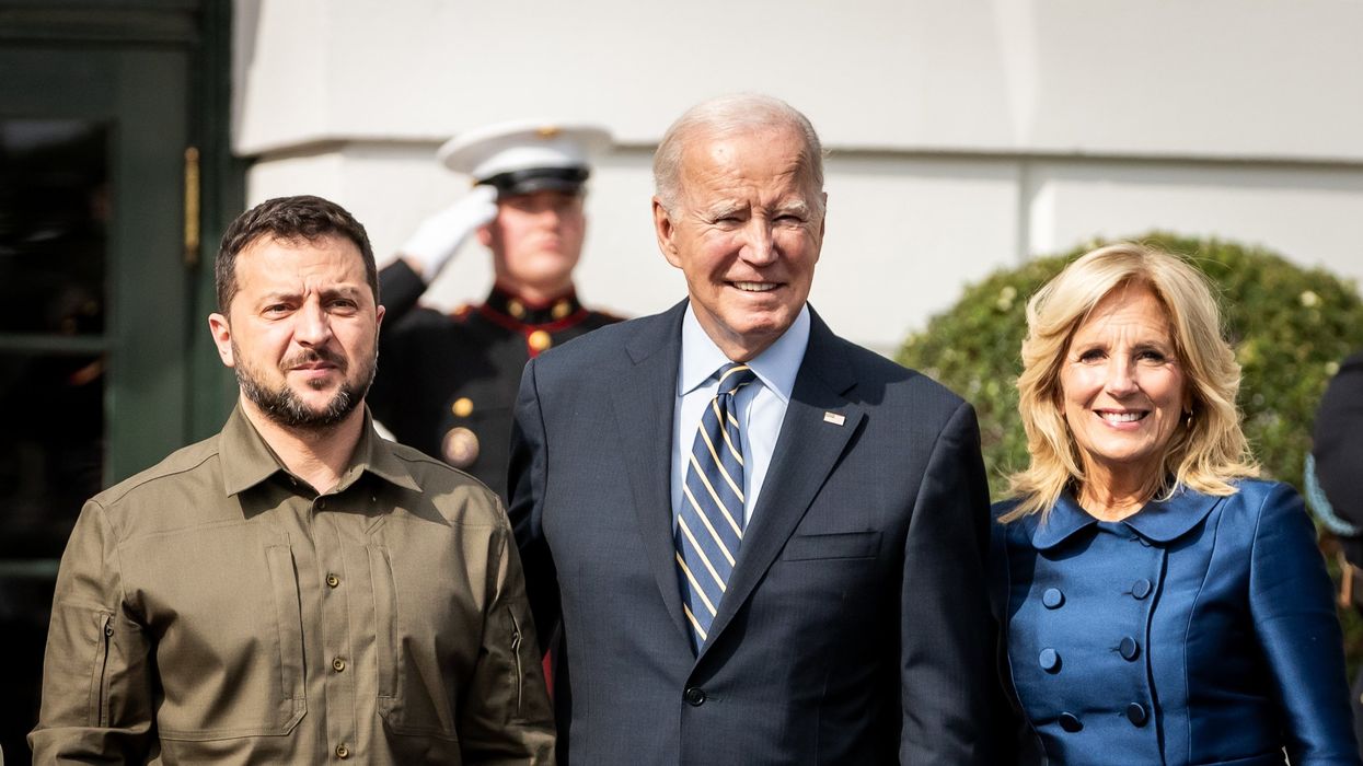 President Joe Biden and First Lady Dr. Jill Biden greet President Volodymyr Zelensky of Ukraine at the South Portico of the White House. Zelensky is meeting with Biden following his participation in the United Nations high-level meetings earlier this week.
