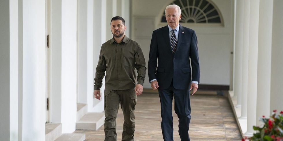 President Joe Biden and Ukrainian President Volodymyr Zelensky walk to the Oval Office of the White House, Thursday, September 21, 2023, in Washington, DC, USA.