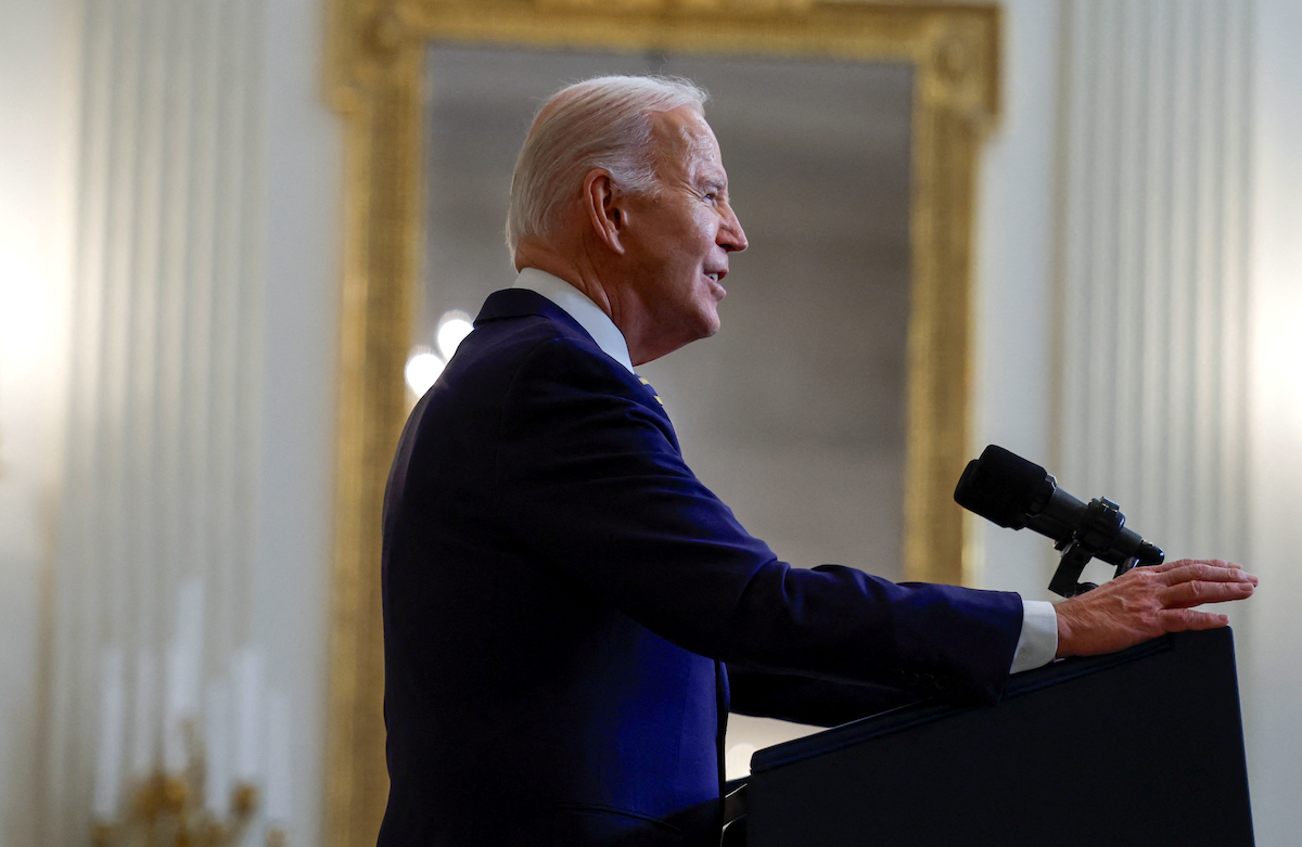 ​President Joe Biden delivers remarks urging Congress to pass the Emergency National Security Supplemental Appropriations Act in the State Dining Room at the White House in Washington, U.S., on Feb. 6, 2024. 