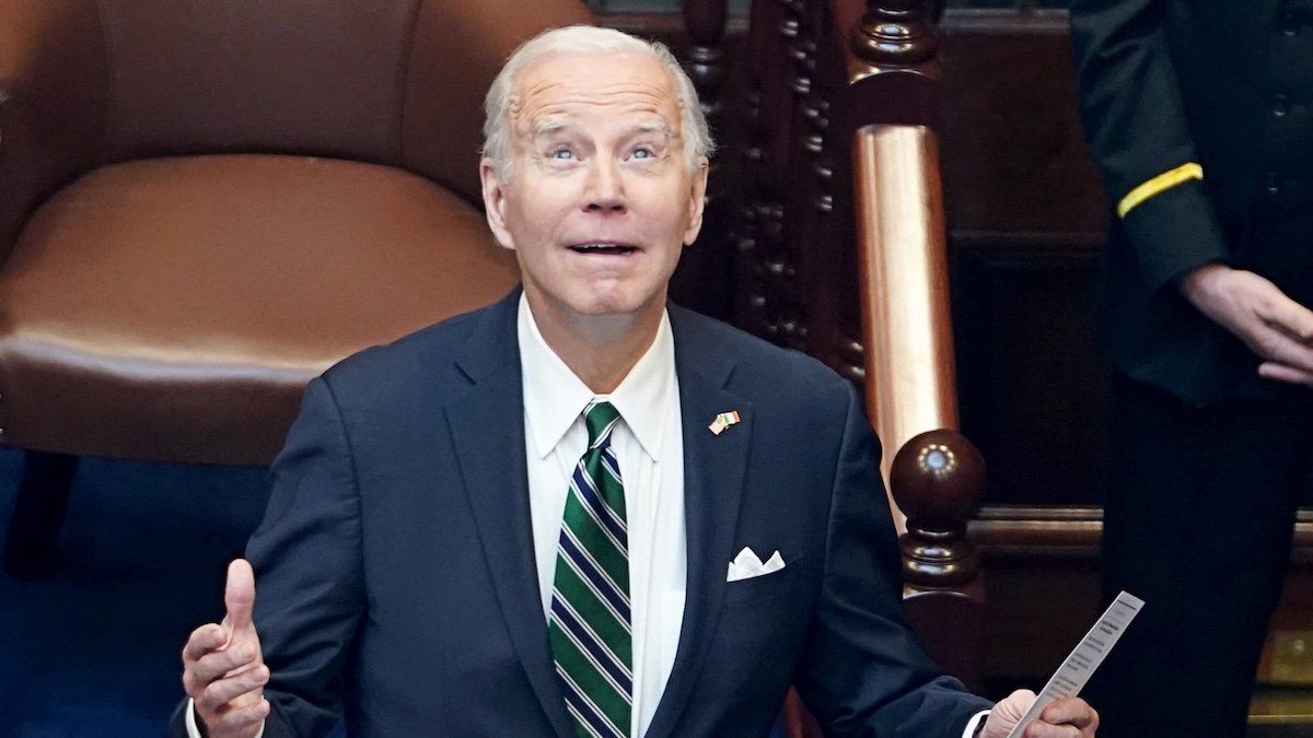 President Joe Biden looks up as he mentions his mother during addressing the Irish Parliament at Leinster House, in Dublin, Ireland, April 13, 2023. 
