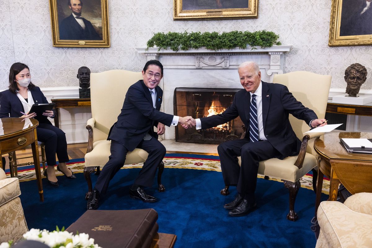 ​President Joe Biden Meets With Prime Minister Fumio Kishida meet in the Oval Office of the White House in Washington, DC in January 2023.  