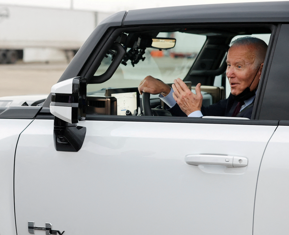President Joe Biden riding around in a Hummer EV during a tour of the General Motors 'Factory ZERO' electric vehicle assembly plant, in Detroit, Michigan, back in 2021. 