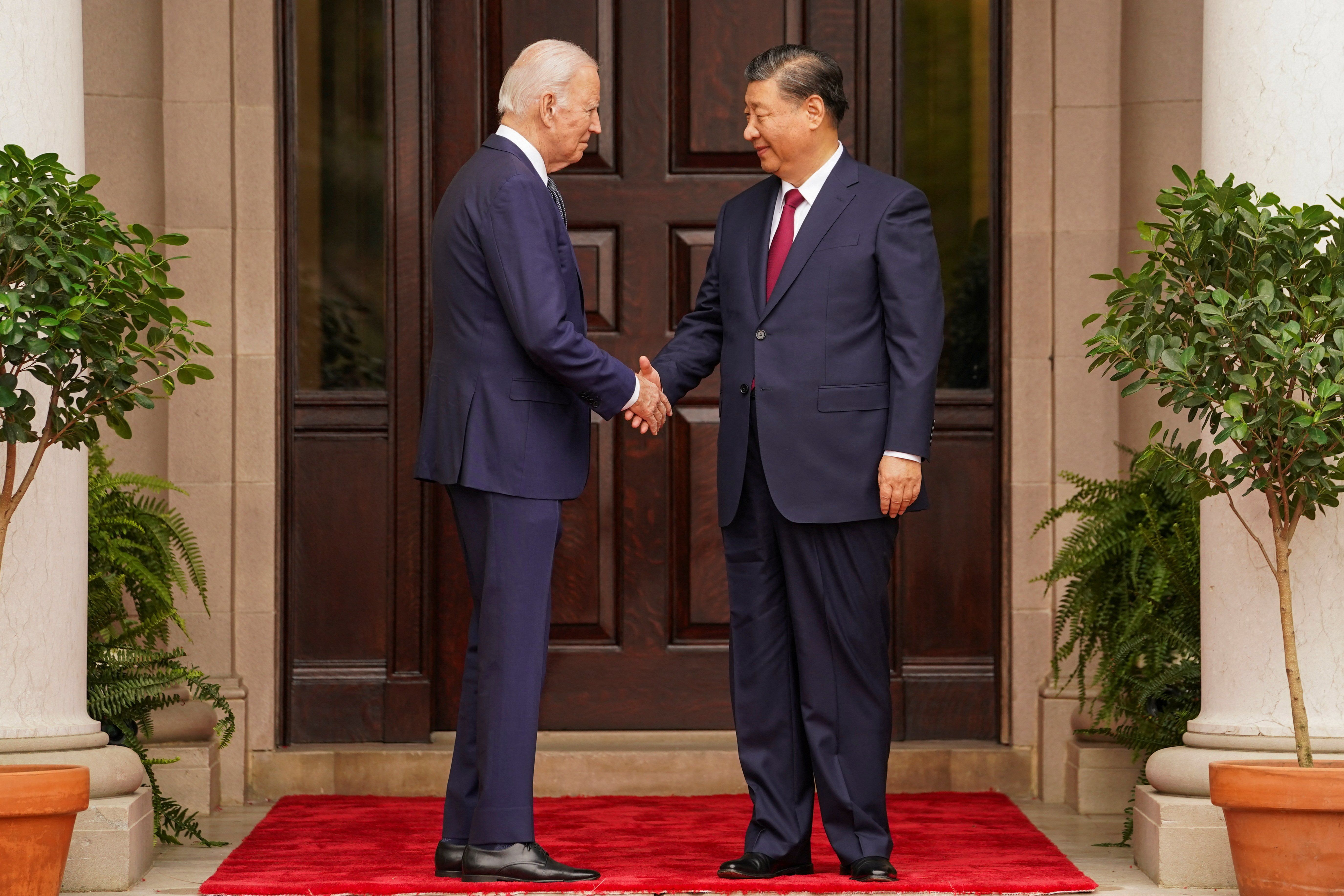 President Joe Biden shakes hands with Chinese President Xi Jinping on the sidelines of the Asia-Pacific Economic Cooperation summit, in California, on Nov. 15, 2023. 