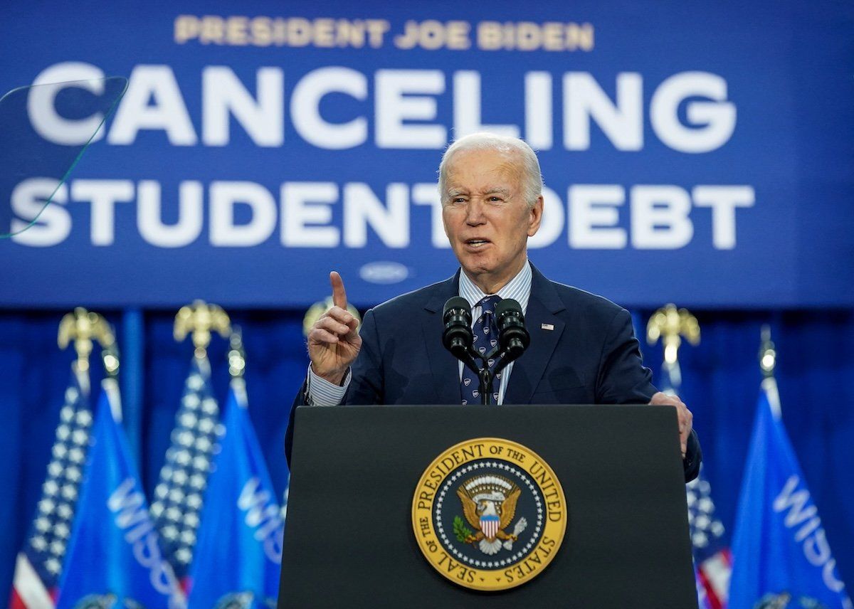 President Joe Biden speaks as he announces a new plan for federal student loan relief during a visit to Madison Area Technical College Truax Campus, in Madison, Wisconsin, on April 8, 2024. 