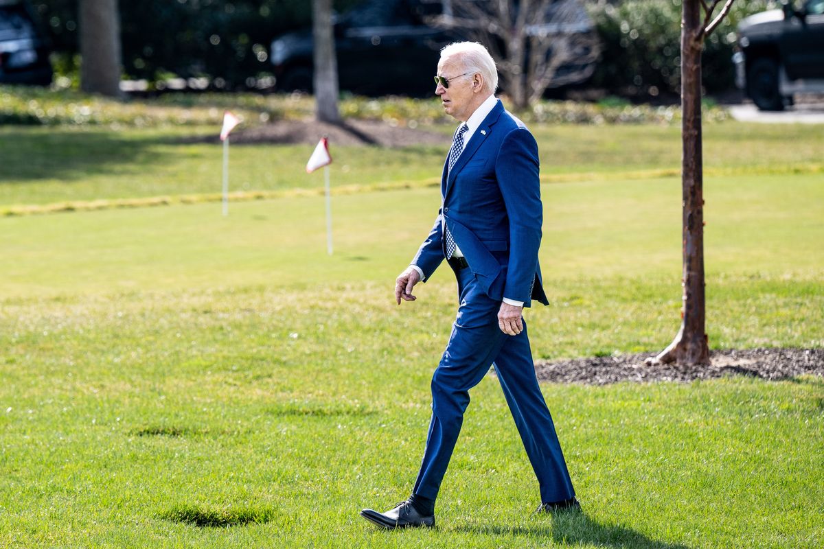 President Joe Biden walks on the South Lawn to Marine One to start his trip from the White House to New York City.