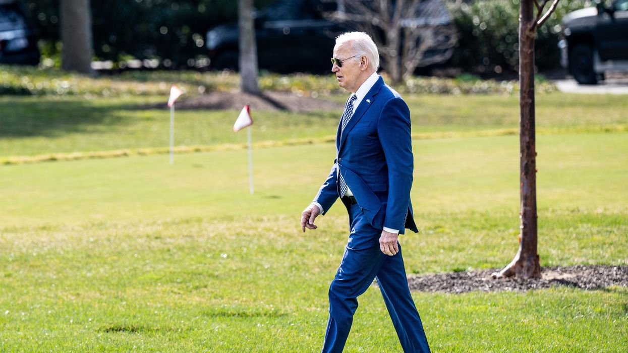 President Joe Biden walks on the South Lawn to Marine One to start his trip from the White House to New York City.