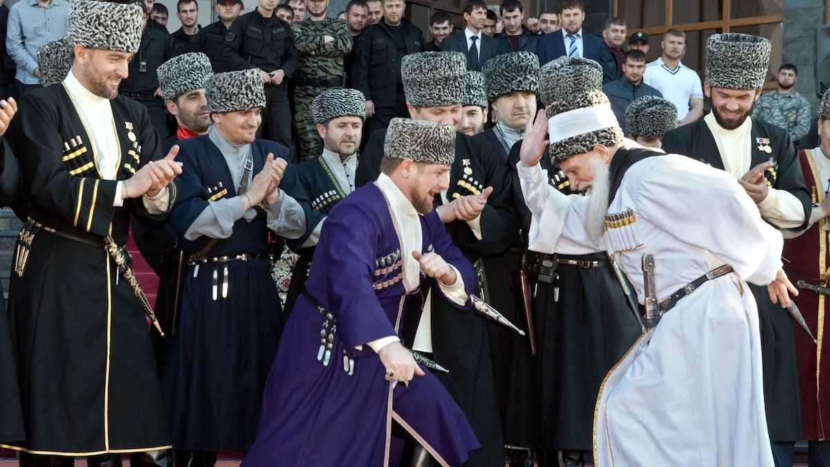 ​President of Chechnya, Ramzan Kadyrov, dressed in the national costume, dances as part of The Day Of Chechen Language celebrations in Grozny April 25, 2010. The Day Of The Chechen Language holiday was established by Kadyrov in 2007 to promote the national language. 