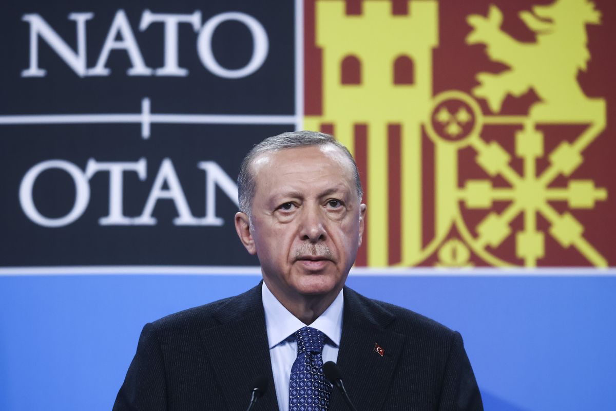 President of Turkey Recep Tayyip Erdogan is holding a press conference during NATO Summit 