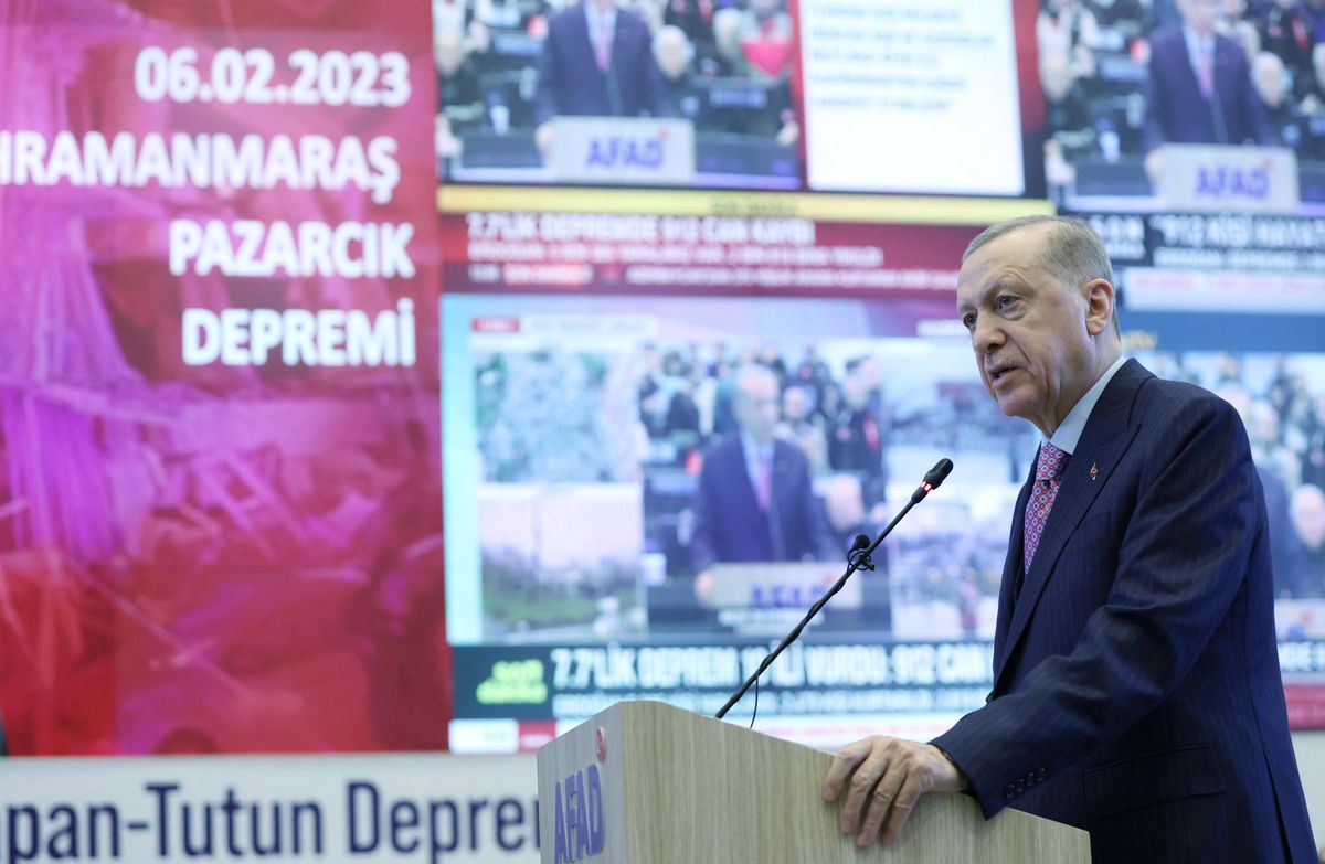 President Recep Tayyip Erdoğan speaks at the coordination center of Turkey's Disaster and Emergency Management Authority in Ankara.