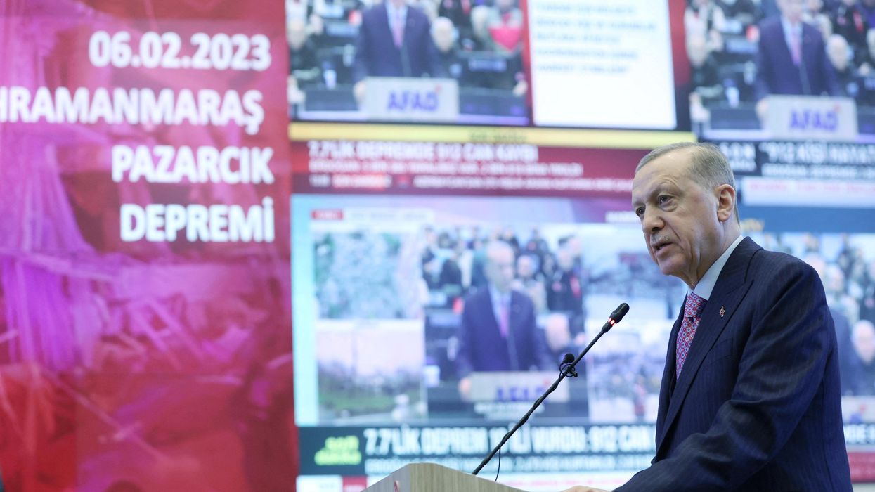 President Recep Tayyip Erdoğan speaks at the coordination center of Turkey's Disaster and Emergency Management Authority in Ankara.