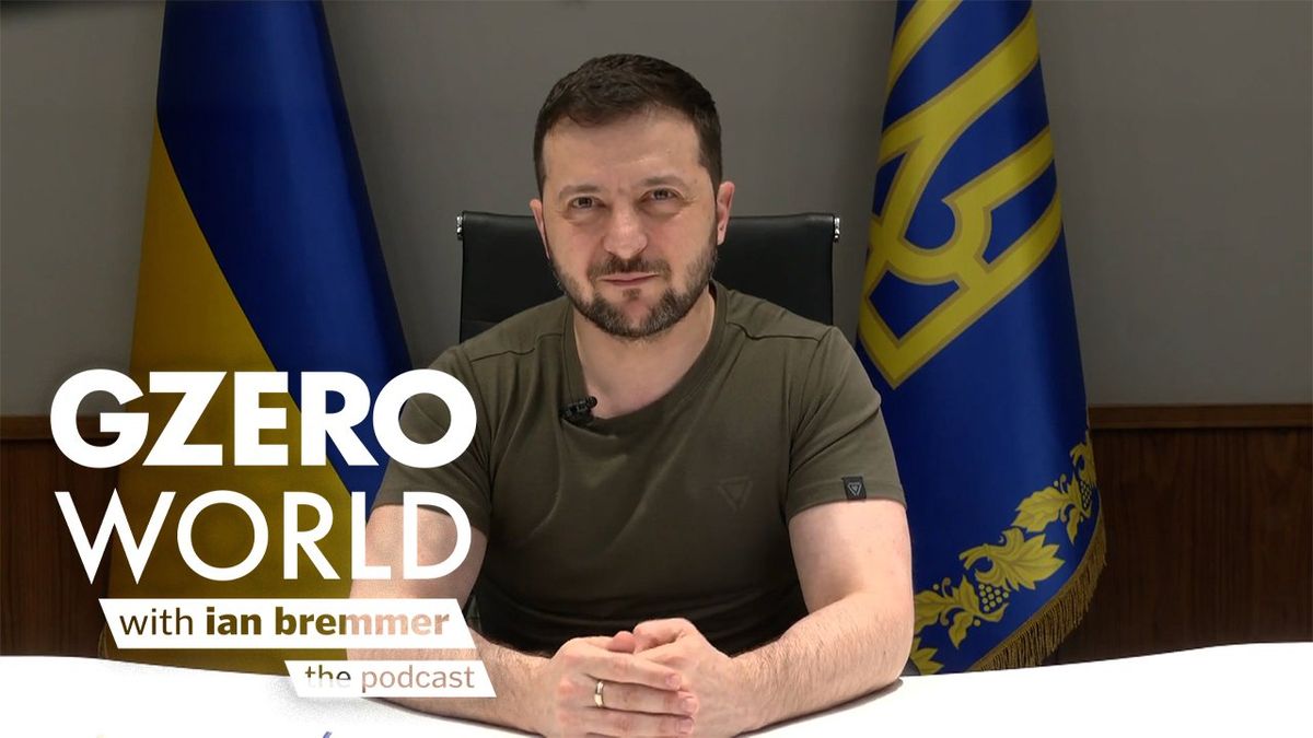 President Volodomyr Zelensky at his desk - GZERO World with Ian Bremmer - the podcast (logo)