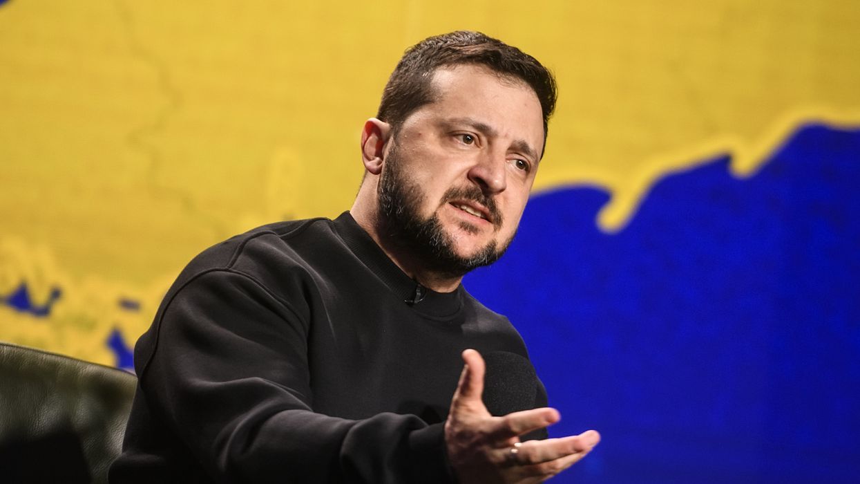 President Volodymyr Zelenskiy of Ukraine is answering questions from journalists during a large summary press conference in Kyiv, Ukraine, on December 19, 2023.