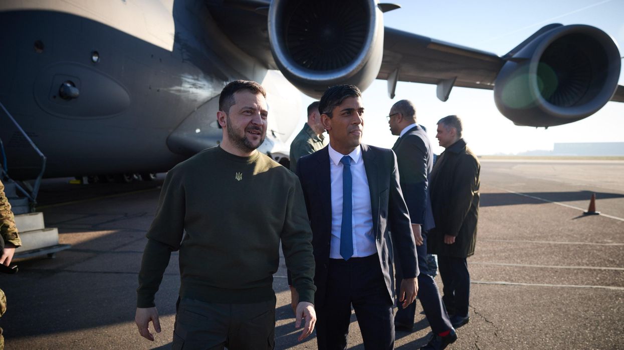 President Volodymyr Zelensky is greeted by British Prime Minister Rishi Sunak as he arrives Britain.