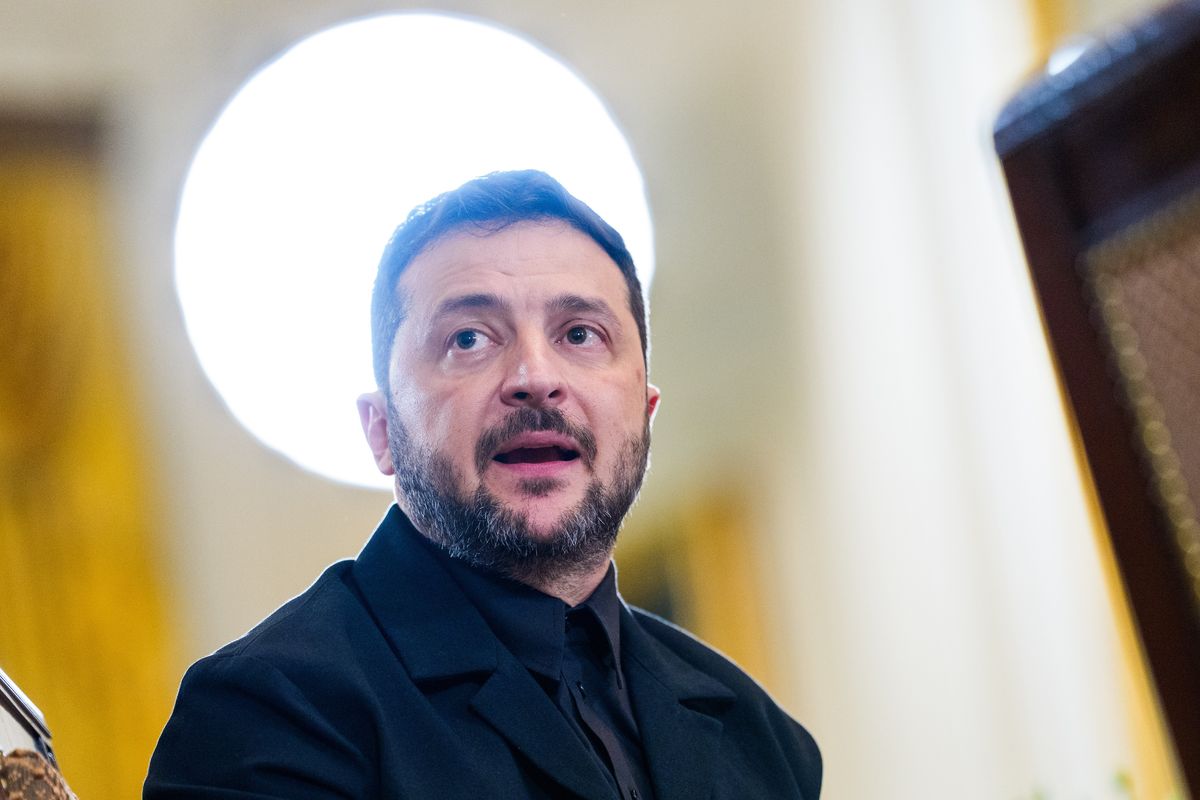President Volodymyr Zelenskyy of Ukraine makes remarks as he participates in a Multilateral Meeting with European Leaders in the East Room of the White House in Washington, DC, USA, on Monday, August 18, 2025. 