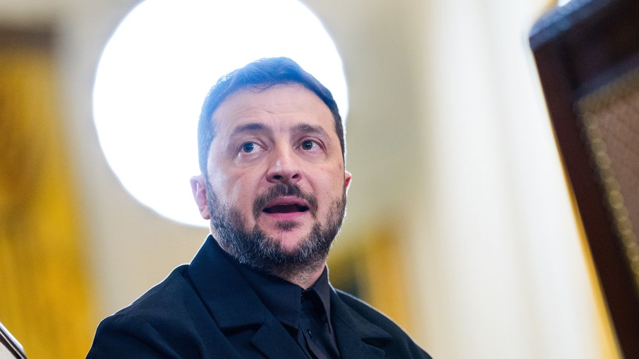 President Volodymyr Zelenskyy of Ukraine makes remarks as he participates in a Multilateral Meeting with European Leaders in the East Room of the White House in Washington, DC, USA, on Monday, August 18, 2025.