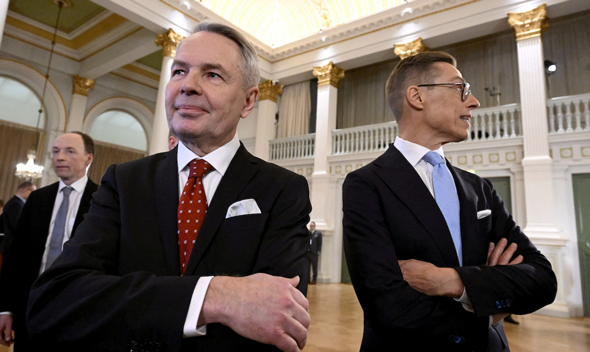 Presidential candidates Alexander Stubb and Pekka Haavisto attend a debate on Feb. 1, 2024.