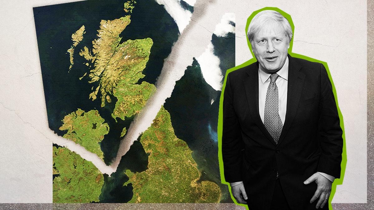 Prime Minister Boris Johnson and a map of the United Kingdom and the Republic of Ireland 