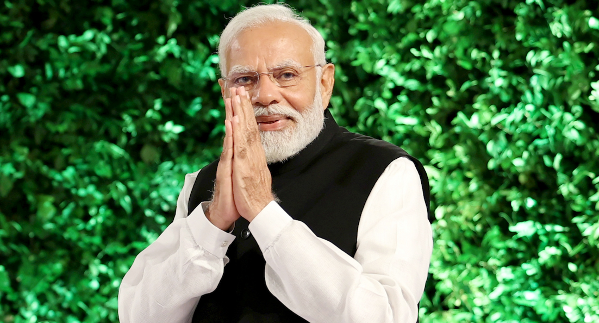 Prime Minister Narendra Modi greets people during the Hindustan Times Leadership Summit, in New Delhi, on Saturday, Nov. 4, 2023.