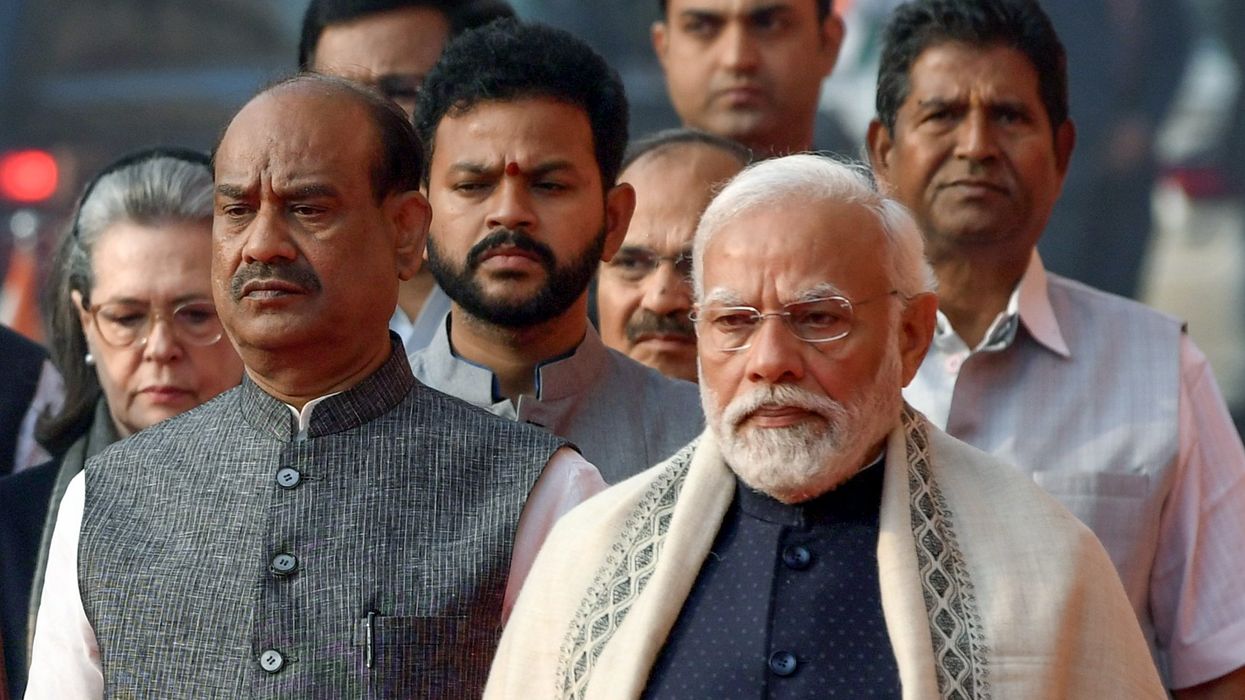 Prime Minister Narendra Modi with Lok Sabha Speaker Om Birla and Congress Parliamentary Party Chairperson Sonia Gandhi