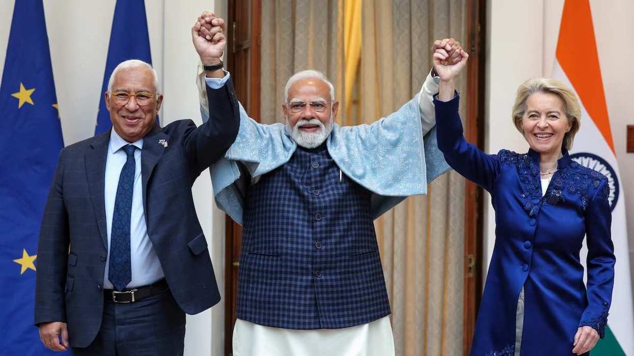 Prime Minister Narendra Modi, with President of the European Council António Luís Santos da Costa, and President of the European Commission Ursula von der Leyen in New Delhi, India, on Jan. 27, 2026.