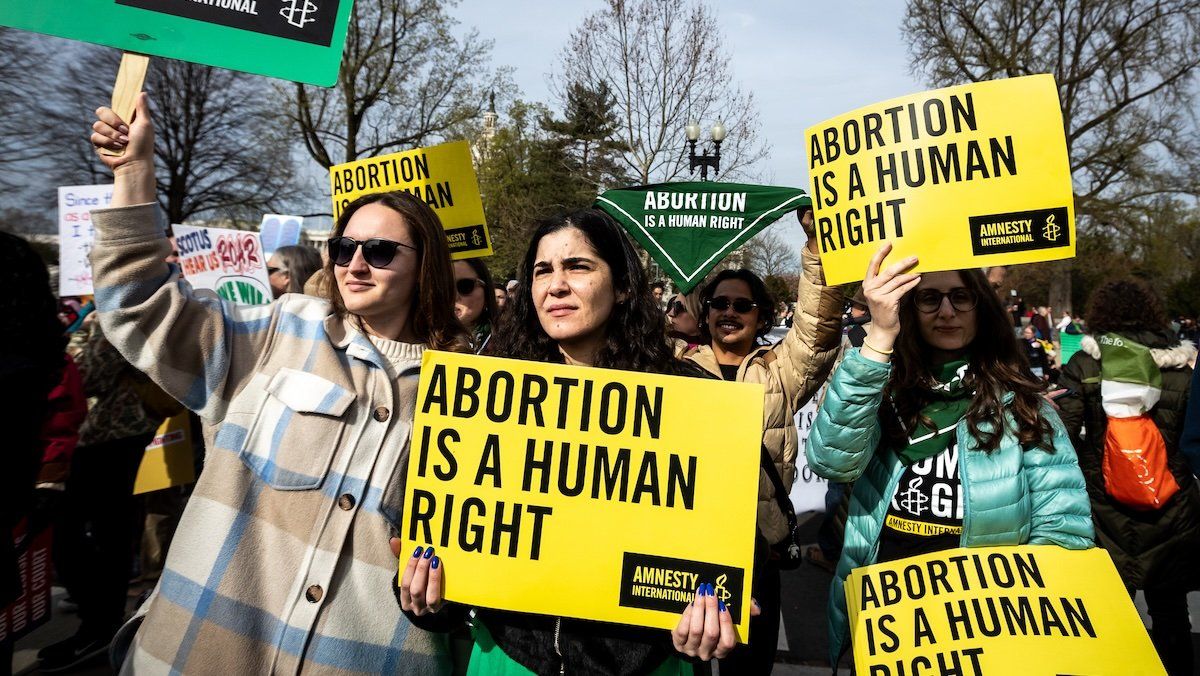 Pro-choice activists attend a demonstration at the Supreme Court as it hears oral arguments in a case that could end access to the medication abortion, Washington, DC, March 26, 2024.