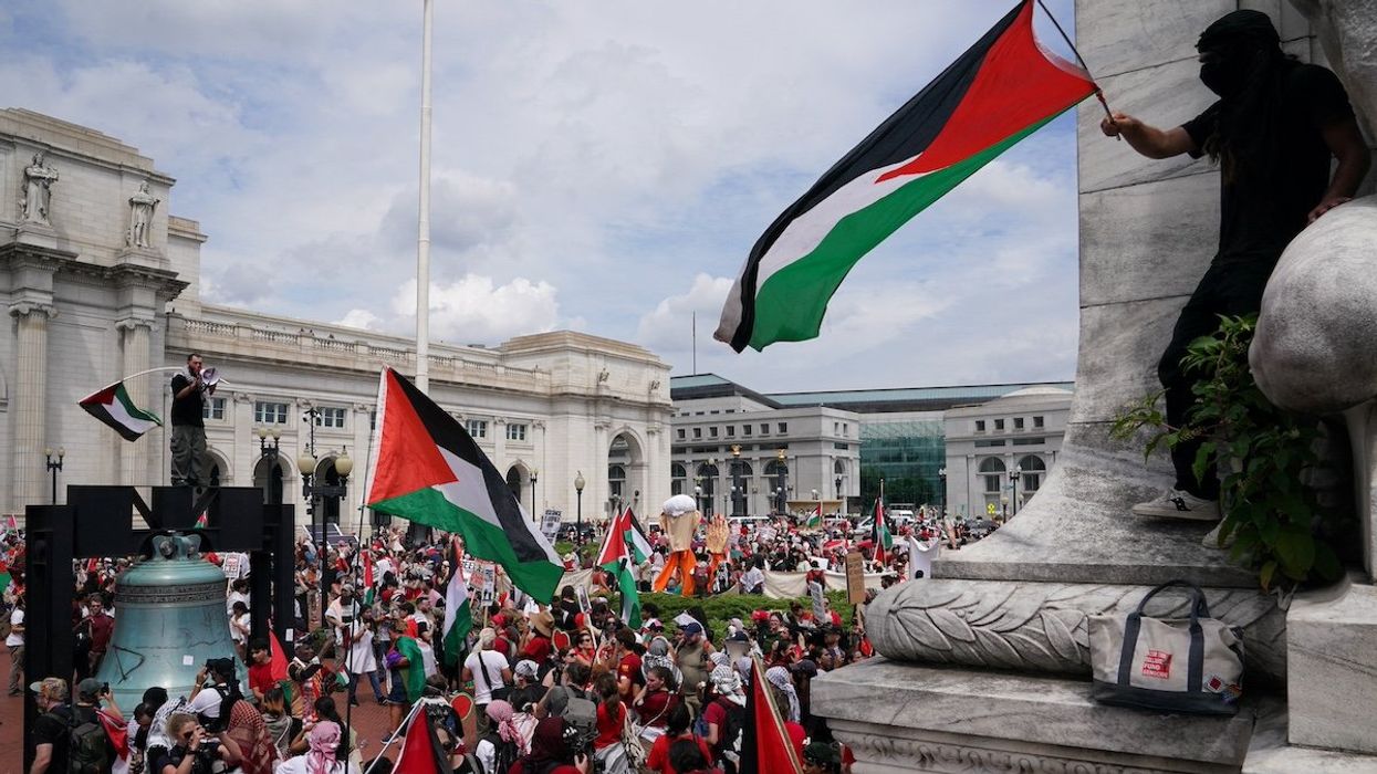 Pro-Palestinian demonstrators wave Palestinian flags outside Union Station, on the day of Israeli Prime Minister Benjamin Netanyahu's address to a joint meeting of Congress on Capitol Hill, in Washington, U.S., July 24, 2024.