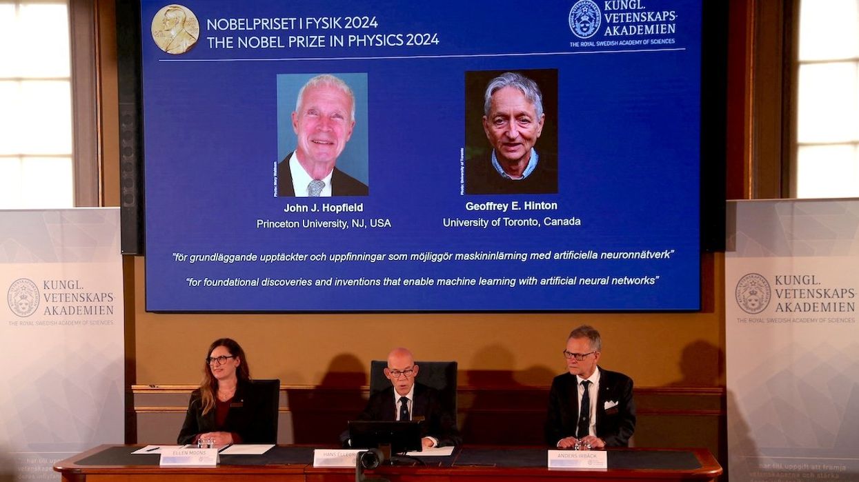 Professor Ellen Moons, Secretary General at the Swedish Academy of Sciences Hans Ellegren, and Professor Anders Irback announce that John J. Hopfield and Geoffrey E. Hinton are the winners of this year's Nobel Prize winners in Physics in Stockholm, Sweden, on Oct. 8, 2024.
