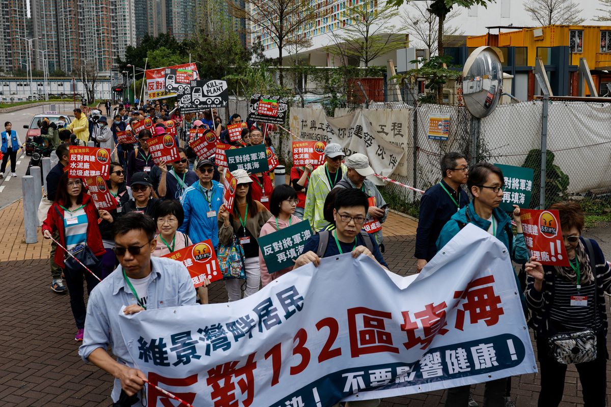 Protest against a land reclamation and waste transfer station project in Hong Kong.