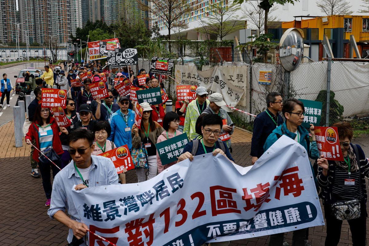 Protest against a land reclamation and waste transfer station project in Hong Kong.