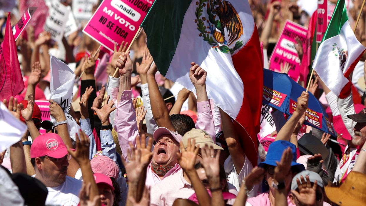 Protesters against President Andres Manuel Lopez Obrador's plan to reform the electoral authority, in Mexico City, Mexico, February 26, 2023.