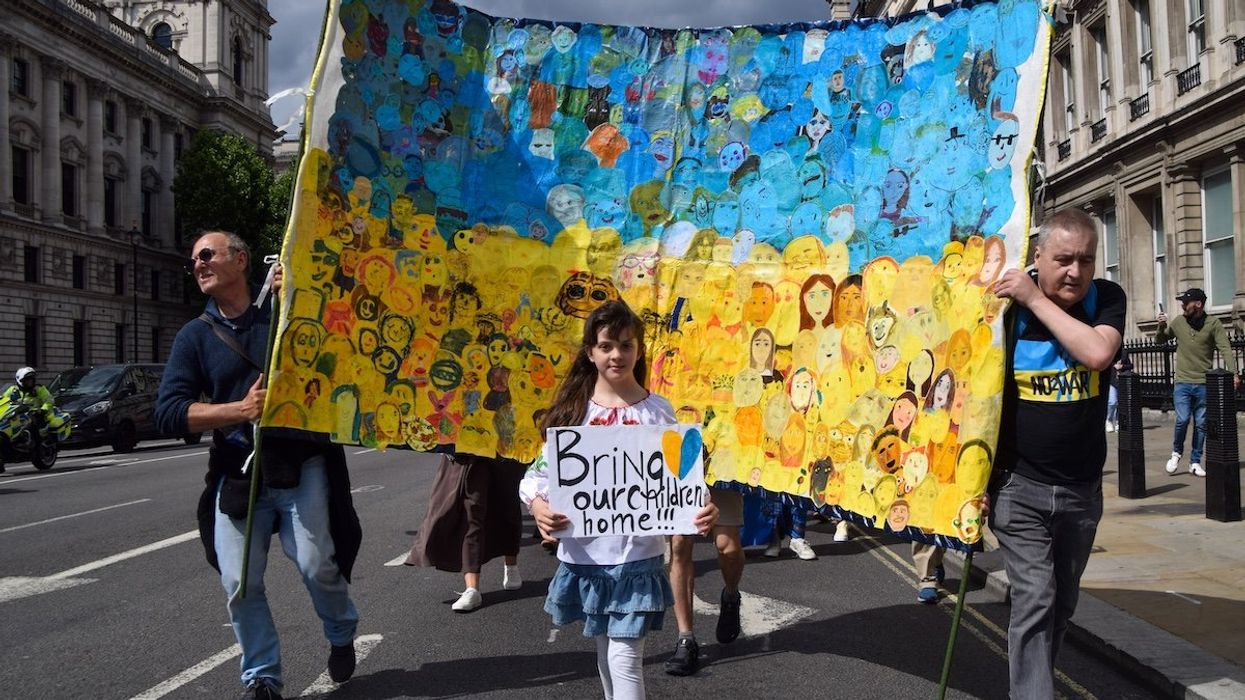 Protesters demand the release of Ukrainian children kidnapped by Russia during a march in London, United Kingdom, on June 1, 2025.