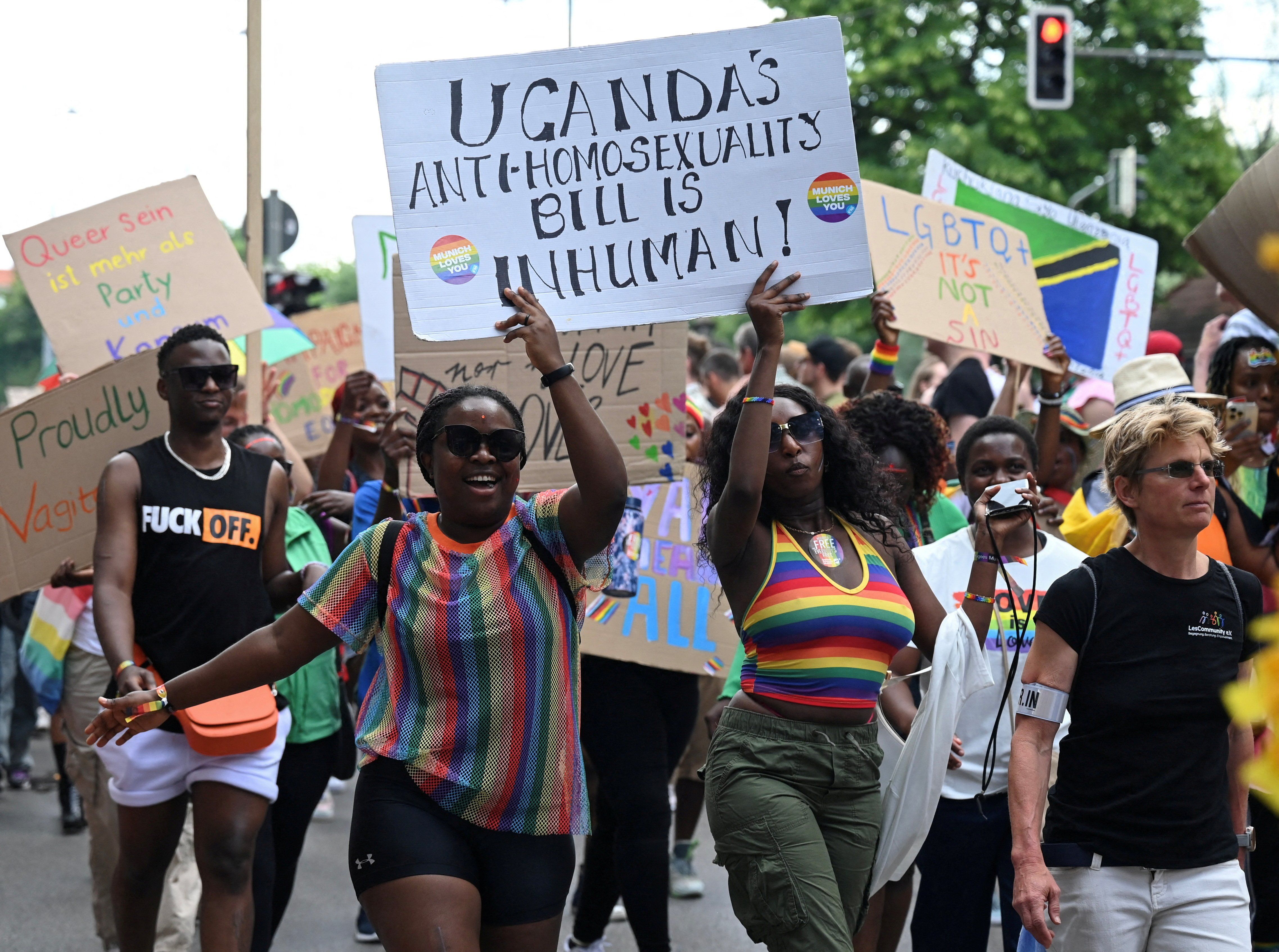 ​Protesters from the LGBTQ+ community demonstrate against Uganda's anti-homosexuality law in Munich.