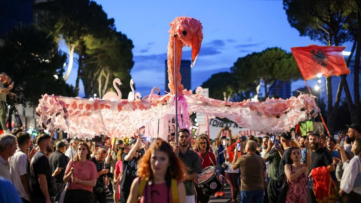 Protesters hold flamingo-shaped placards and a large representation of a flamingo as they demonstrate against the government, in Tirana, Albania, on June 22, 2026.​