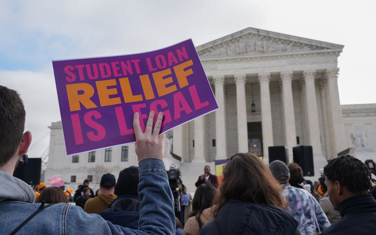 Protestors gather outside the U.S. Supreme Court ahead of the oral arguments in two cases that challenge President Joe Biden's $400 billion student loan forgiveness plan.