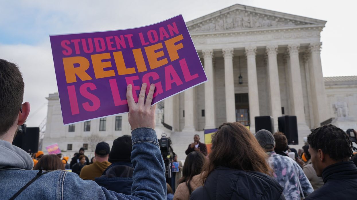Protestors gather outside the U.S. Supreme Court ahead of the oral arguments in two cases that challenge President Joe Biden's $400 billion student loan forgiveness plan.
