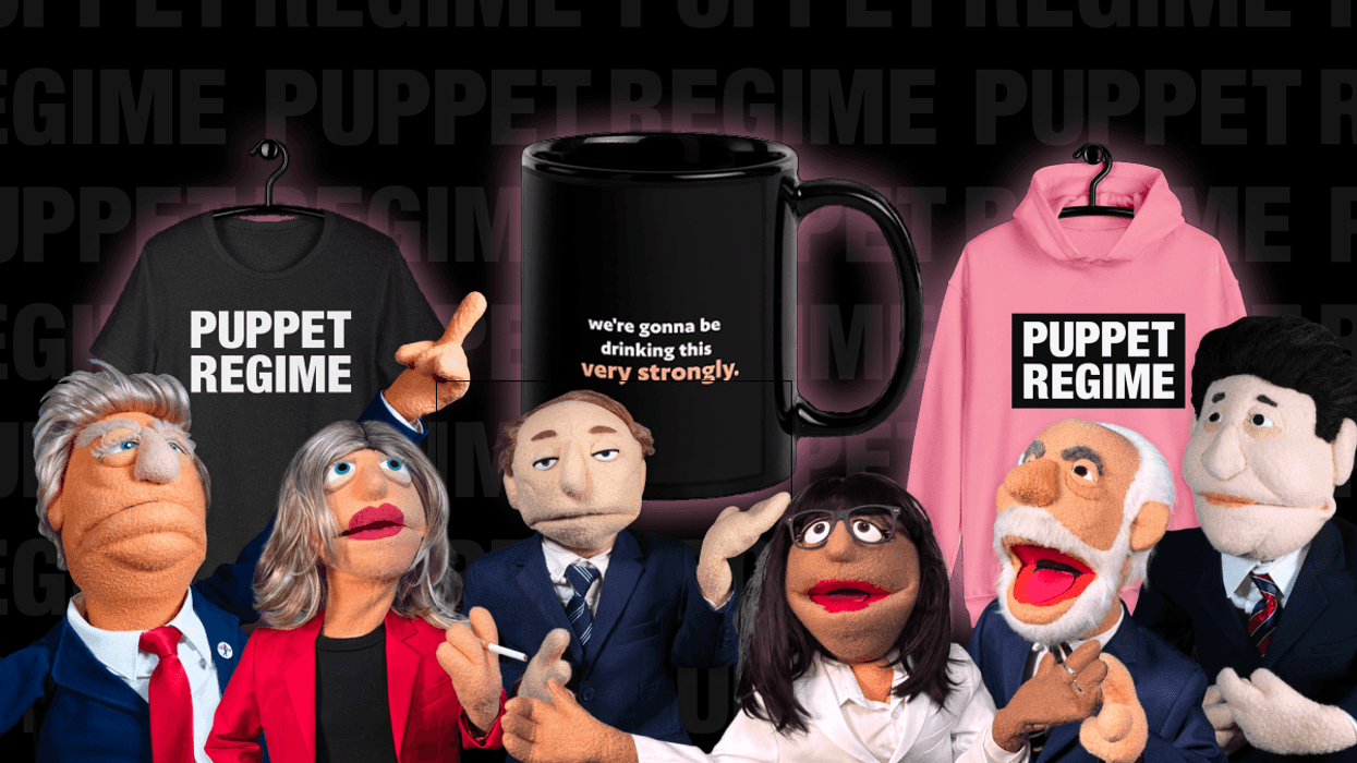 Puppet Regime puppets with a background of Puppet Regime merch