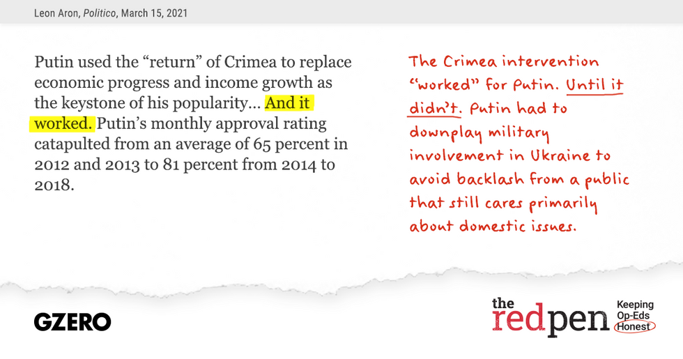 "Putin used the 'return' of Crimea to replace economic progress and income growth as the keystone of his popularity...And it worked." The Crimea intervention "worked" for Putin. Until it didn't. 