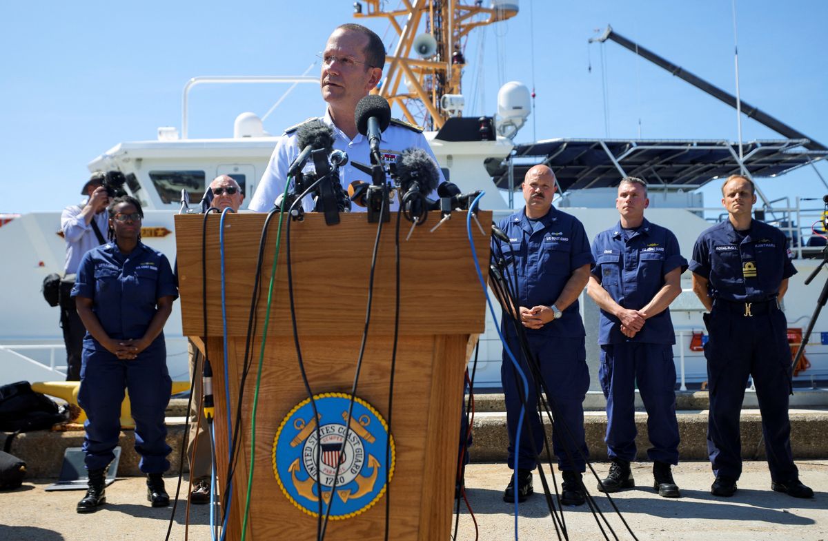 ​Rear Admiral John Mauger, the First Coast Guard District commander, speaks at a press conference about the search of the missing OceanGate Expeditions submersible, on June 22, 2023.