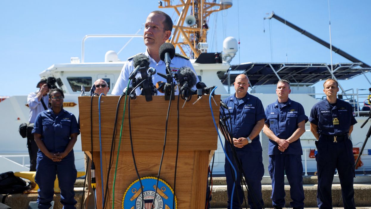 Rear Admiral John Mauger, the First Coast Guard District commander, speaks at a press conference about the search of the missing OceanGate Expeditions submersible, on June 22, 2023.