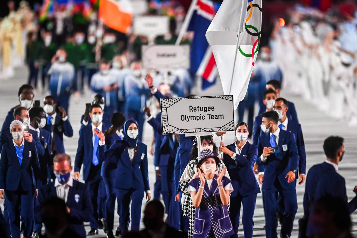Refugee Olympic Team during the Opening Ceremony of the Tokyo 2020 Olympic Games on July 23, 2021 in Tokyo.