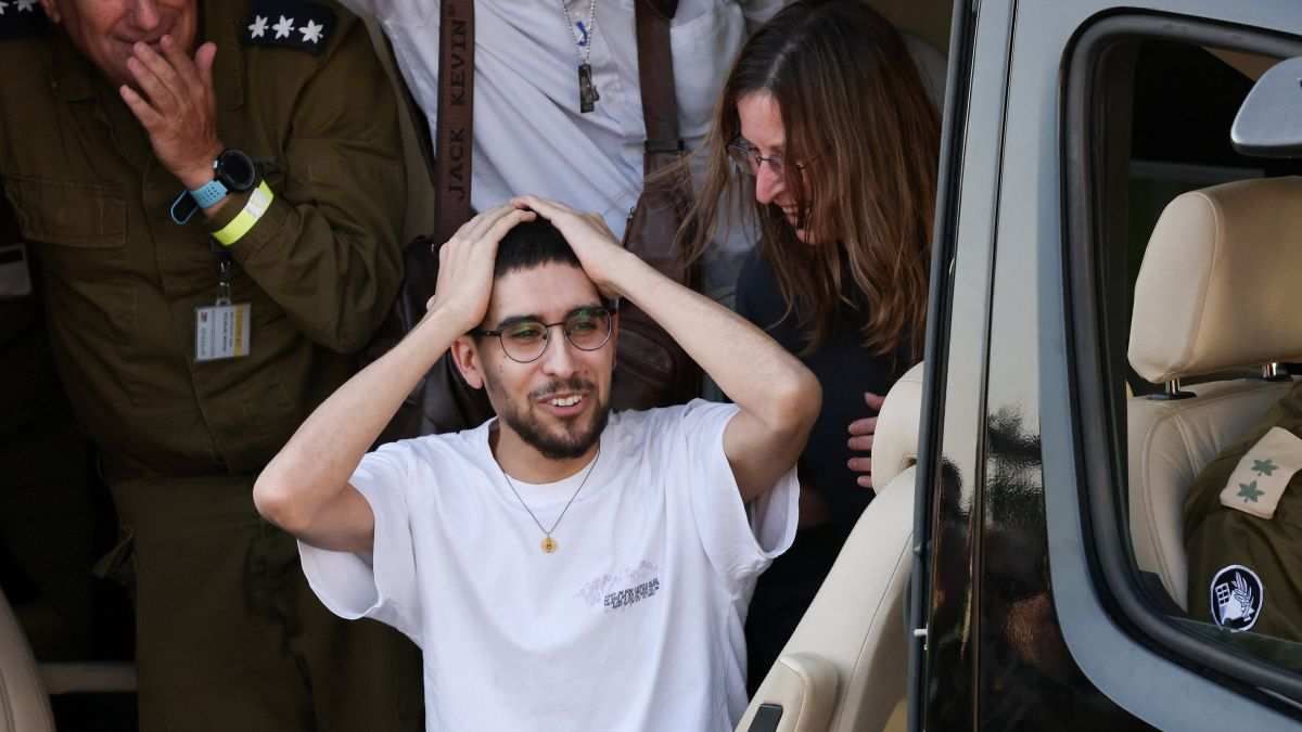 ​Released hostage Evyatar David reacts upon arrival at the site of Rabin Medical Center-Beilinson Hospital, in Petah Tikva, Israel, on October 13, 2025.