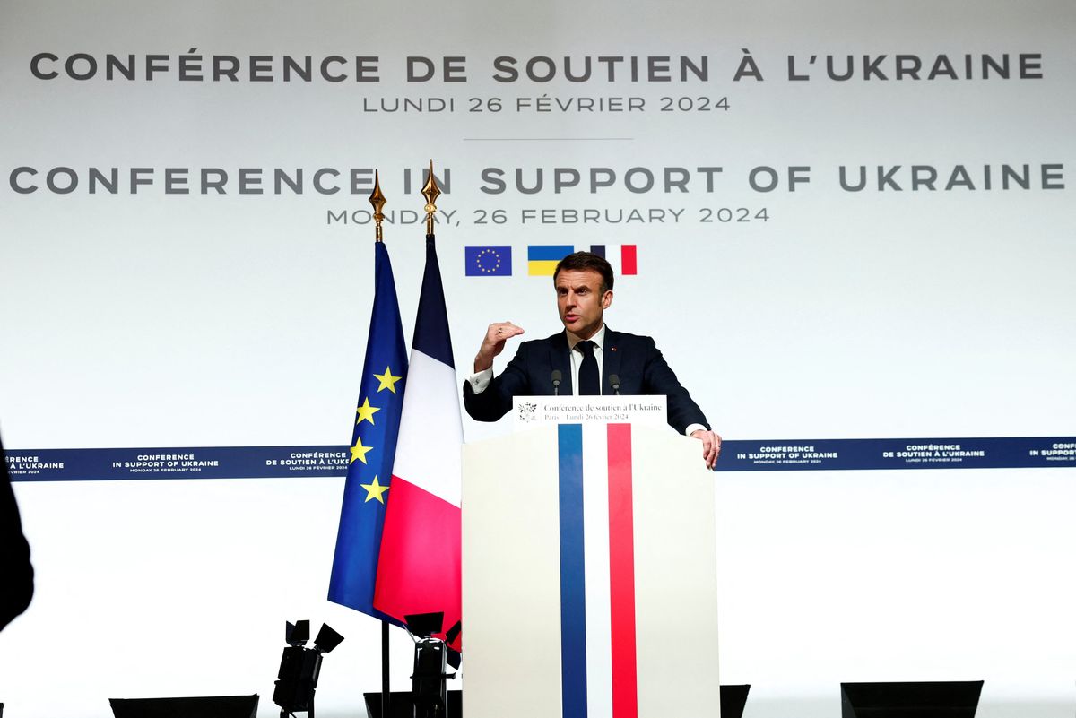 rench President Emmanuel Macron speaks during a press conference at the end of the conference in support of Ukraine, with European leaders and government representatives, at the Elysee Palace in Paris, France, February 26, 2024. 