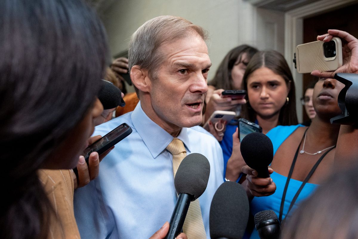 ​Rep. Jim Jordan, R-Ohio, speaks to reporters after departing from a GOP caucus meeting working to formally elect a new speaker of the House. 