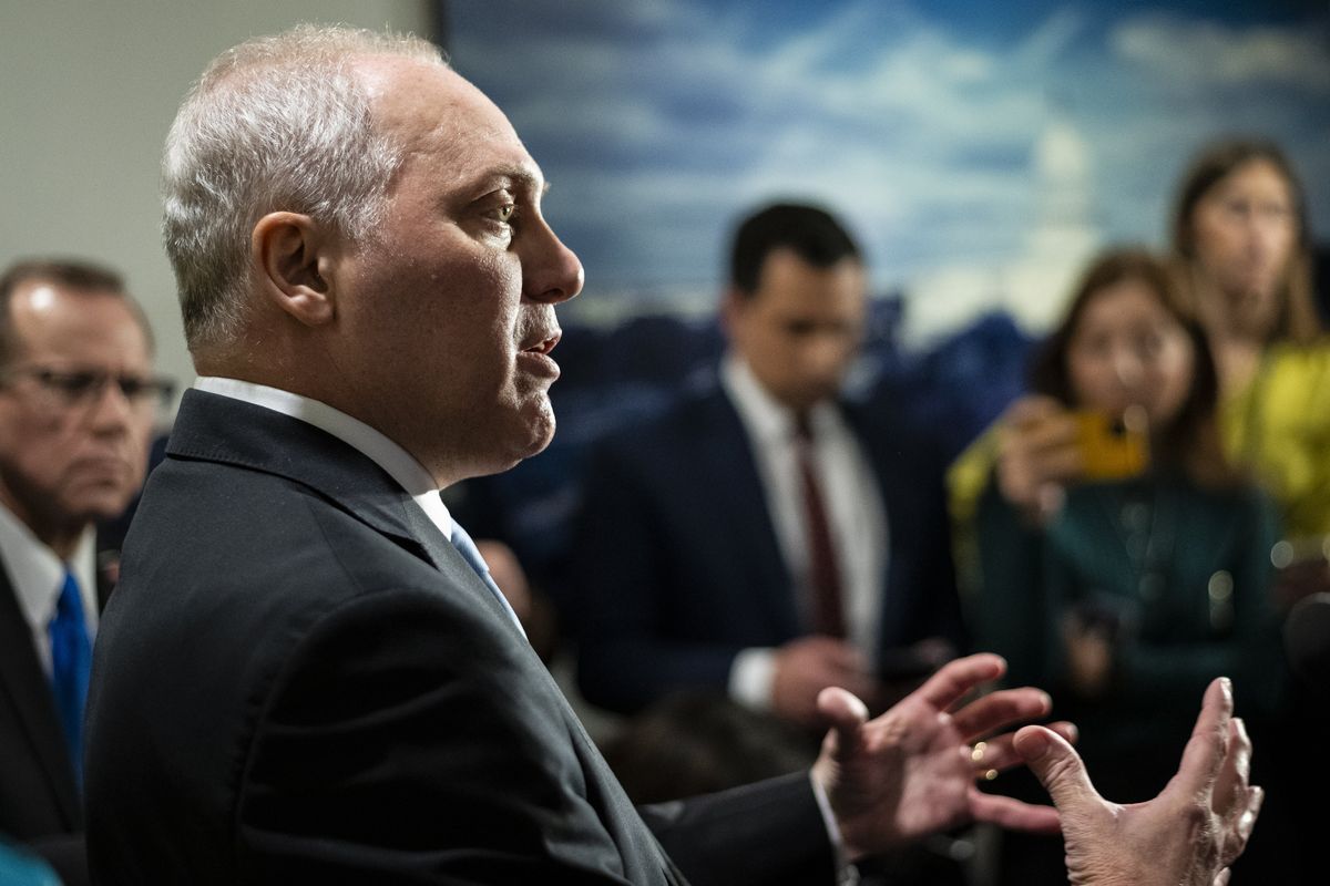 Representative Steve Scalise (R-LA), the House Majority Leader, speaks to media after a House Republican Conference meeting, at the U.S. Capitol, in Washington, D.C., on Thursday, October 12, 2023.